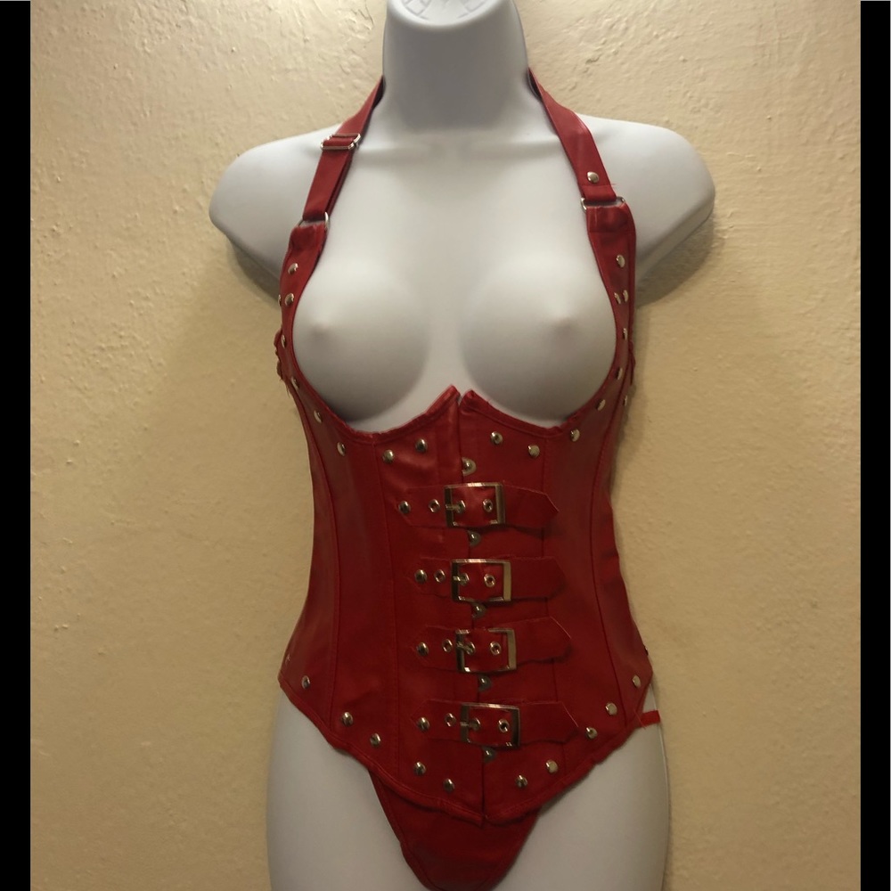 Red halter, lace up back, hook and buckle front